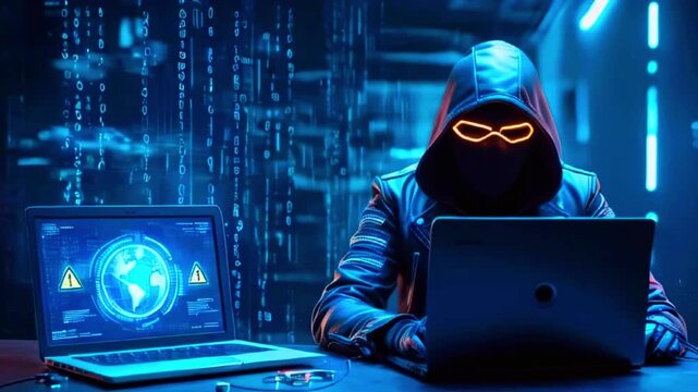 Hacker in dark room with glowing neon lights, typing on a laptop with blue glowing screen.