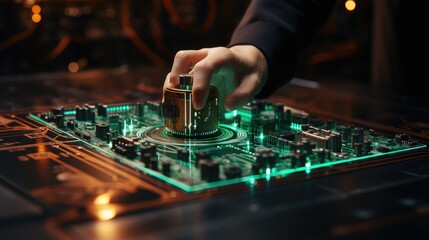 Naklejka premium An interactive scene where a hand aligns a holographic padlock with a fingertip, symbolizing advanced digital security in a vivid cybernetic 