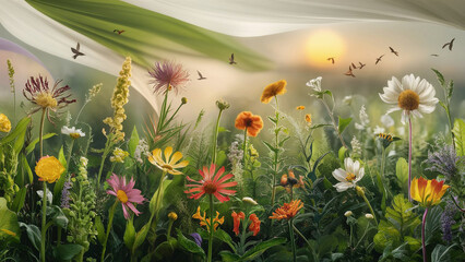 plants and flowers through Spring Meadow in the agricultural field.

