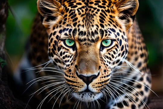 A close-up of a leopard showcases its striking and intense gaze directly into the camera. Its piercing green eyes, prominent whiskers, and sleek, muscular build are visible, a blurred background.
