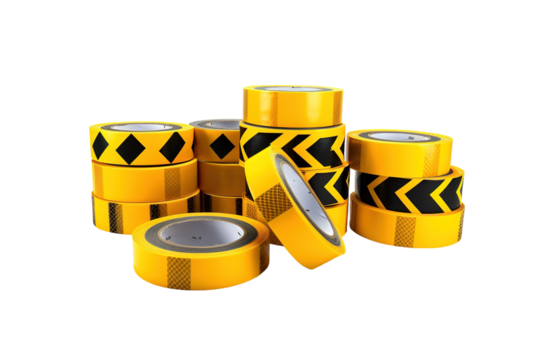 A Vibrant Display of Yellow and Black Warning Tape Rolls on a White or Clear Surface PNG Transparent Background