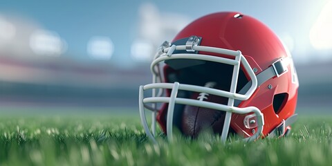 Red Football Helmet & Ball on Field - Blurred Stadium Background