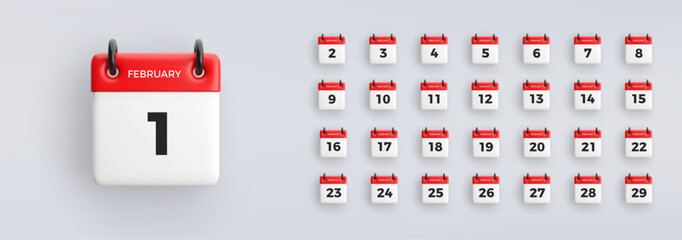 3D calendar icon with date from 1 to 31 of February on gray background. Vector schedule symbol collection.