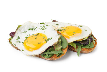Delicious sandwiches with fried eggs on white background