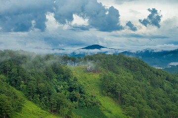 A small house on the mountainside, among the green pine forest covered by clouds in Da Sar, Lac...