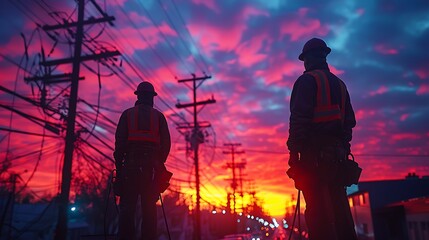 Fototapeta premium A dramatic shot of electricians installing wiring at sunset, with the sky painted in vibrant hues of orange and pink. The workers are silhouetted against the colorful sky,
