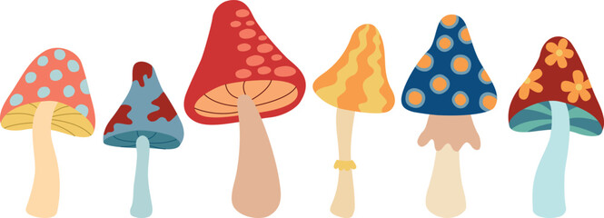 Vector illustration of psychedelic groovy mushrooms. Set of hippie and funky elements in flat style	