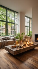 an interior design in Amsterdam, bright living room with wood floor and green window frames, sofa, coffee table on the left side, small fireplace on right side, carpet with boho pattern on ground 