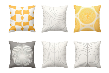 Six Unique Geometric Pillows In Vibrant Yellow And Grey Tones on a White or Clear Surface PNG Transparent Background
