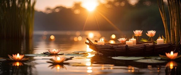 Floating candles on serene pond during sunset, perfect for meditation and relaxation themes. Generative AI