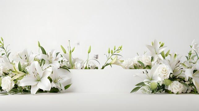 a flower arrangement for a funeral, with a banner in the middle, on a white background