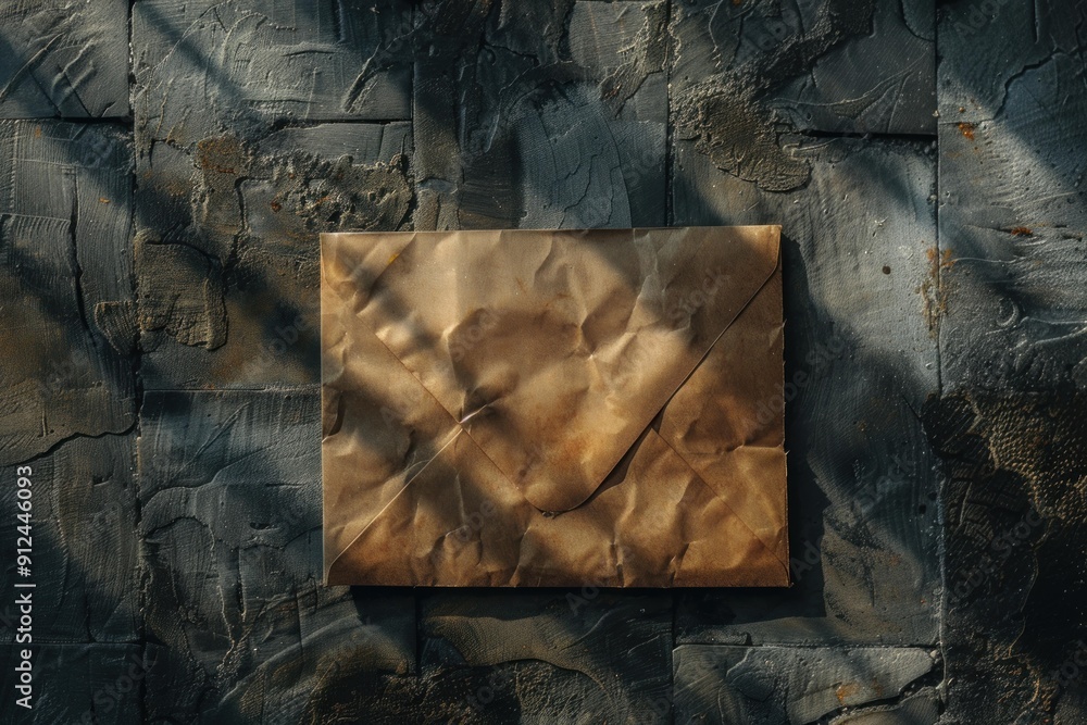 Aufkleber old brown envelope is lying on a dark textured surface, illuminated by beams of light casting shadow