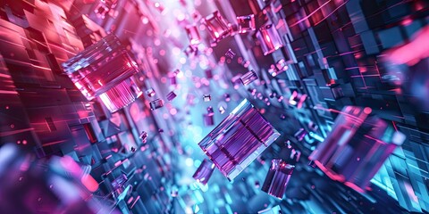 Abstract geometric shapes with pink and blue lights.