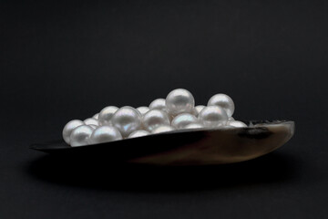 Expensive luxurious Chinese freshwater round pearls in a white shell, to be made into earrings,...
