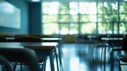 A typical classroom setting with desks and chairs, suitable for educational or corporate use
