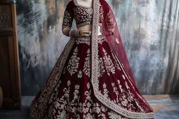 Traditional Indian Pakistani dress with embroidered patterns and ornaments on a mannequin