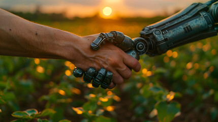 Farmer and Robot Shaking Hands in a Field