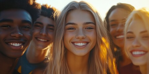 A group of friends or peers standing side by side, possibly in a social setting