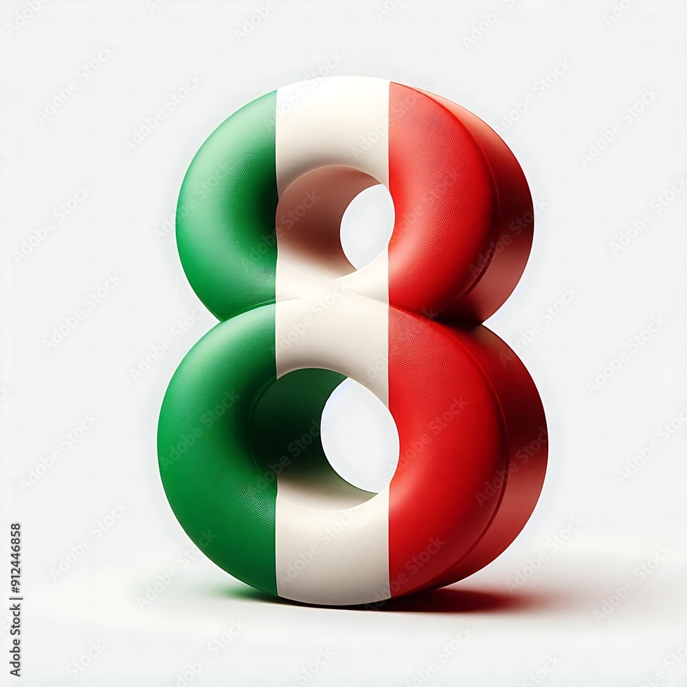 Poster the number 8 is in the shape of a red, white, and green circle. the circle is divided into three sec