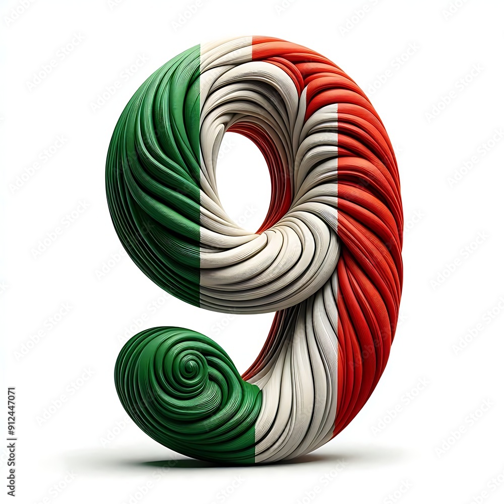 Poster the number nine is made out of green, white, and red strings. the strings are twisted and curled, cr