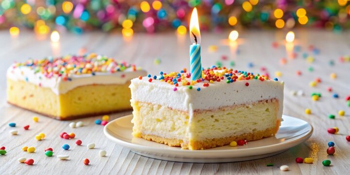 Vibrant candle lying beside a sliced, vanilla-frosted sheet cake adorned with colorful sprinkles and a single, lit first birthday candle.
