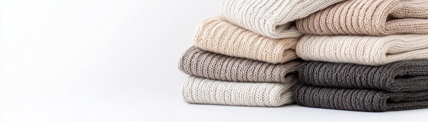 Neatly Stacked Warm Knitted Sweaters in Neutral Tones Depicting Cozy Minimalist Fashion Aesthetic