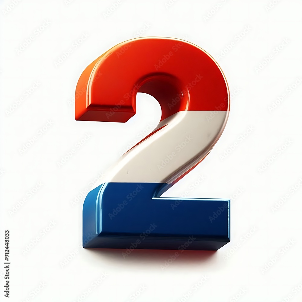Poster the number 2 is in red, blue, and white. it is a three-dimensional number that is made up of differe
