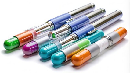 Close-up of injectable weight loss medication pens on a white background, used for treating chronic obesity and weight management.