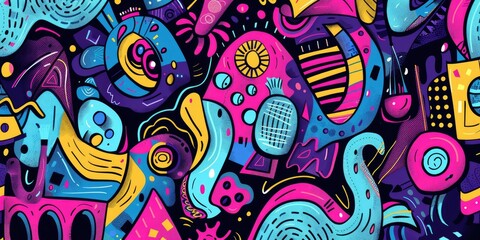 Naklejka premium Abstract colorful doodles on black background.