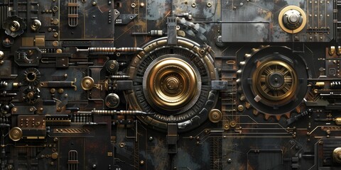 Steampunk clockwork machine with gold accents.