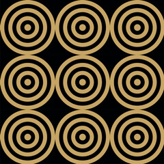Abstract geometric pattern with circles, stripes, lines. Seamless vector background. Black and gold ornament. Modern reticulated graphic design.