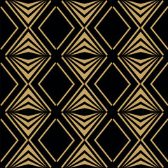 Abstract geometric pattern with stripes, lines. Seamless vector background. Black and gold ornament. Modern reticulated graphic design.