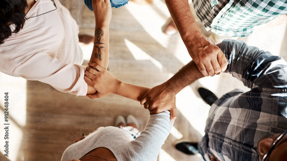 Poster Business people, above and holding arms with teamwork, cooperation and synergy in modern office. Group, partnership and employees with collaboration, creative support and diversity with community