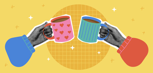 Background with halftone hand hold cup of tea. Banner with hot drink. Hands holding reusable mug in trendy style