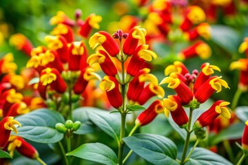 Vibrant red and yellow tubular flowers with green foliage bloom in summer garden, showcasing exotic tropical beauty of cigar plant.