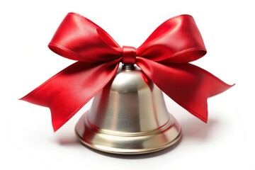 Metallic bell adorned with a vibrant red satin ribbon bow, beautifully posed on a clean, crisp white background surface.