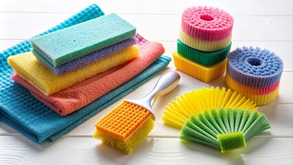 Colorful modern cleaning supplies, including absorbent dishcloth, sturdy brush, and textured sponges, arranged neatly on a white surface.
