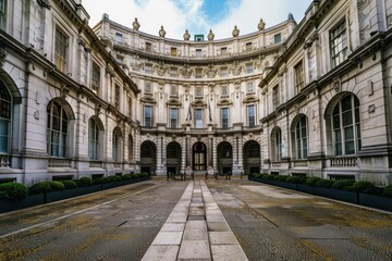 Obraz premium Empty courtyard leading to the entrance of an impressive neoclassical building