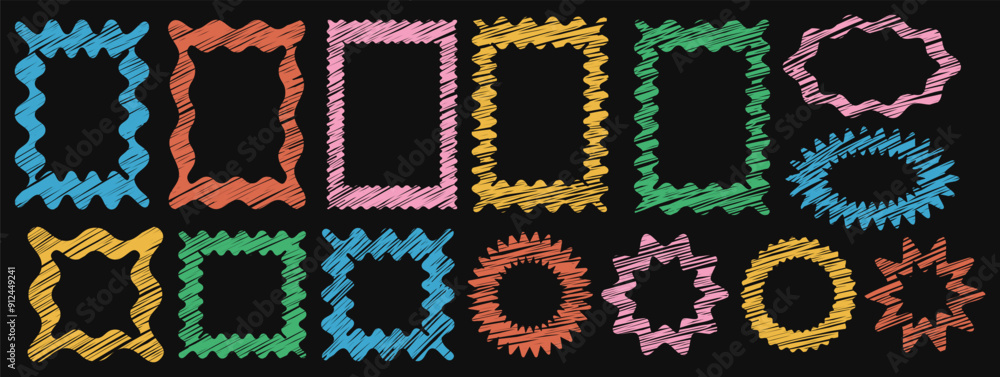 Aufkleber set of groovy draw wavy frame. round and multicolor textured rectangle elements. star burst shape ta