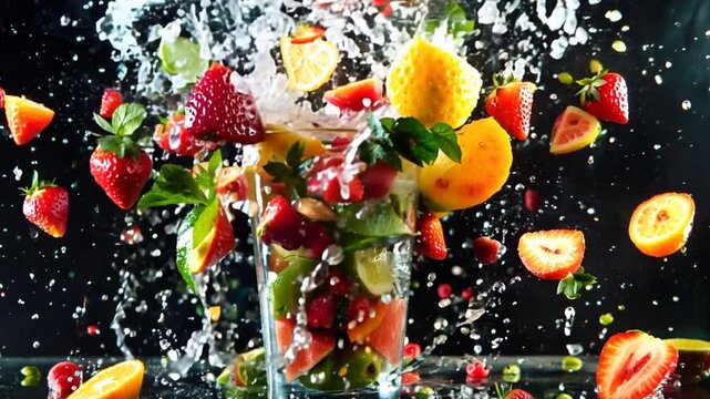 Fruits and vegetables exploding from glass