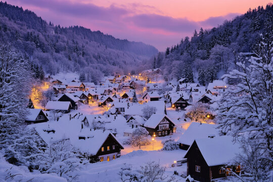 A quaint village blanketed in snow as the sun sets.