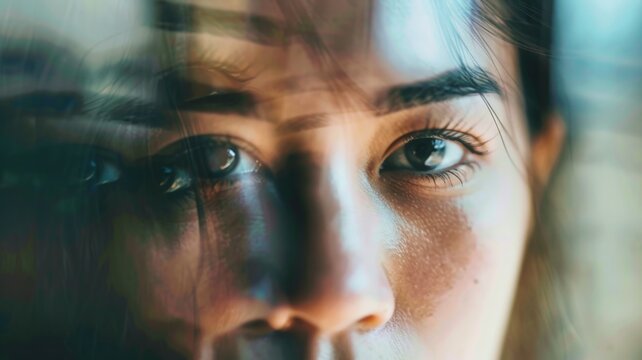 Abstract portrait of a woman's face with motion blur and reflective light effects.