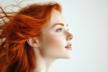 Profile portrait of a beautiful red-haired young woman with flowing hair on a white studio background.