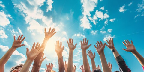 A group of people are reaching up towards the sun, with their hands raised high in the air. Concept of unity and positivity, as the people are all working together towards a common goal
