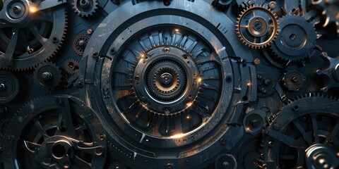 Complex metallic gears in motion.