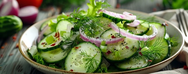 Crisp and refreshing cucumber salad with red onion and dill, 4K hyperrealistic photo