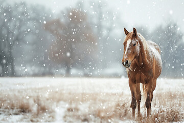 Obraz premium A light brown horse covered in snowflakes stands in a winter landscape, snow falling gently around it.