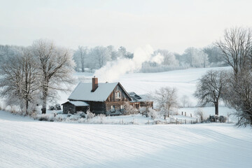 A farmhouse surrounded by snow in the countryside.