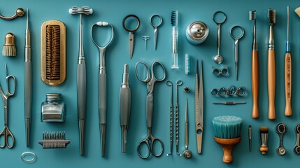 Dental and Surgical Instruments on Blue Surface. Variety of dental and surgical instruments arranged on a blue surface, emphasizing the tools used in both dental and surgical procedures.