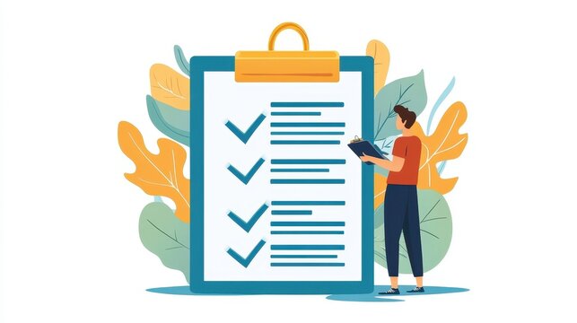 Illustration of a Person Checking a Large Checklist on a Clipboard with Leaves and Plants in the Background